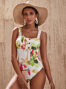 Summer Tropical & Bird Print One Piece Swimsuit - Multicolor - View 4