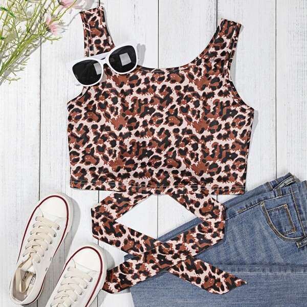 

Crisscross Backless Leopard Print Tank Top, Multicolor