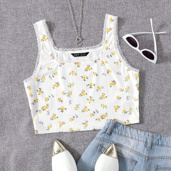 

Lace Trim Floral Tank Top, White