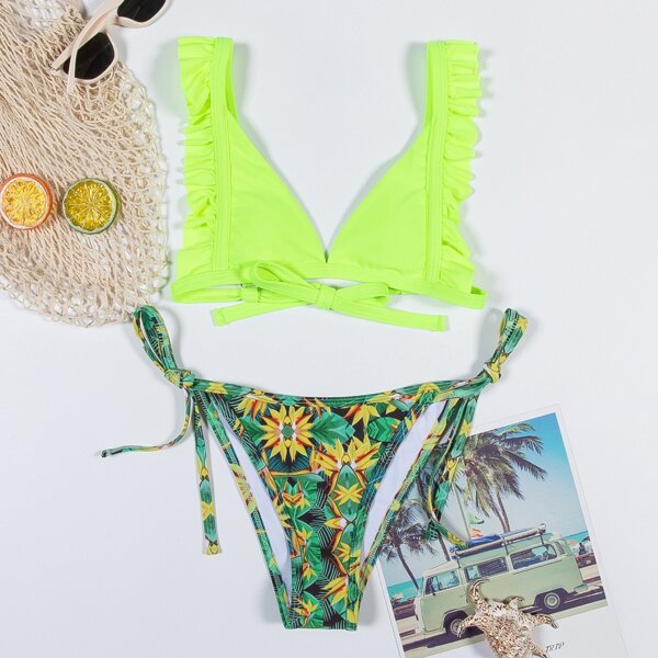 

Floral Print Frill Tie Side Bikini Swimsuit, Multicolor