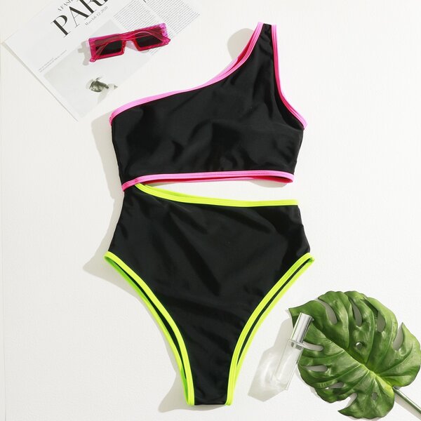 

Contrast Binding Cut-out One Piece Swimsuit, Multicolor