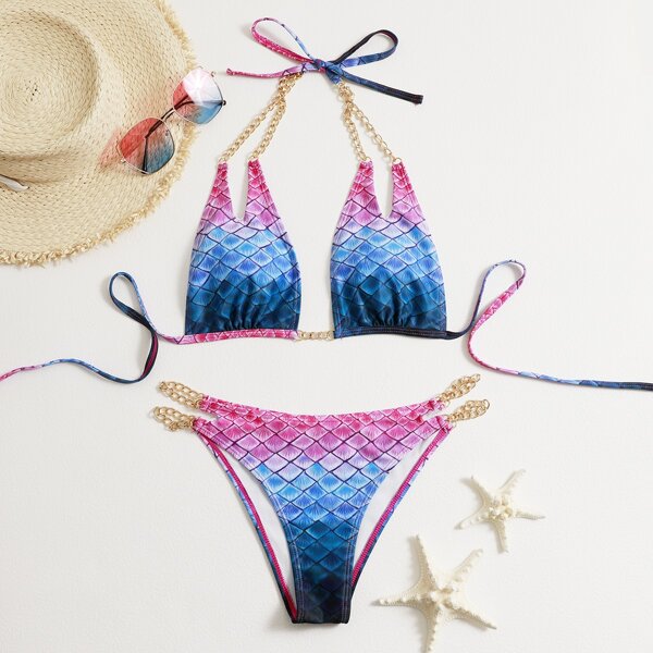 

Fish Scale Print Chain Linked Bikini Swimsuit, Multicolor