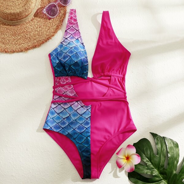 

Fish Scale Print Cut-out One Piece Swimsuit, Multicolor