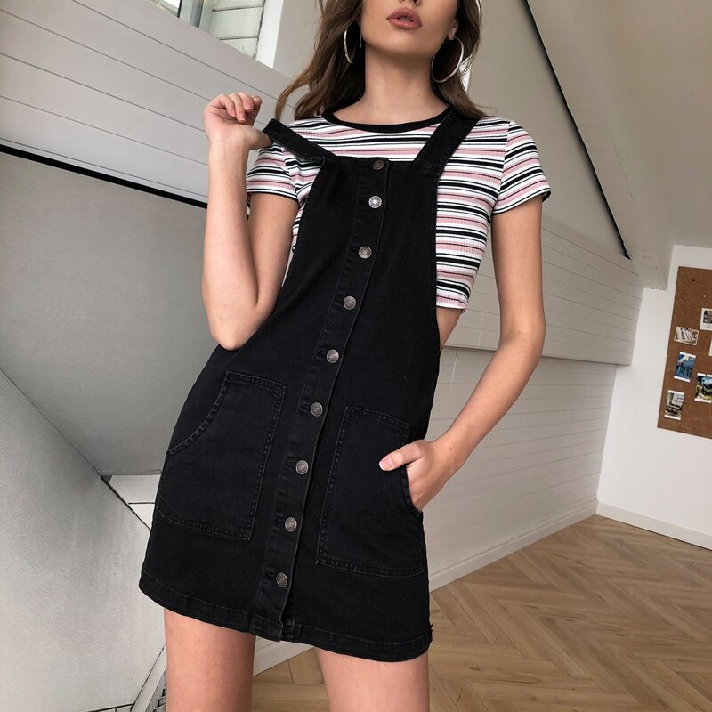 

Button Front Overall Dress, Black