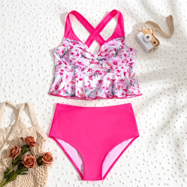 

Floral Ruffle Hem High Waisted Bikini Swimsuit, Multicolor