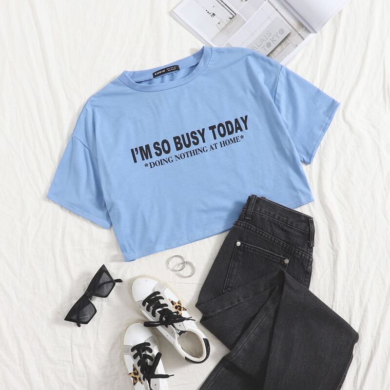

Slogan Graphic Crop Tee, Blue