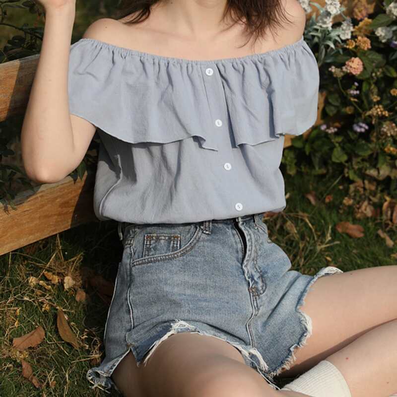 

Solid Button Ruffle Top, Dusty blue