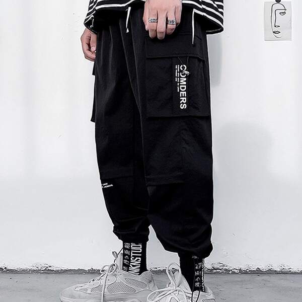 

Men Flap Pocket Drawstring Hem Cargo Pants, Black