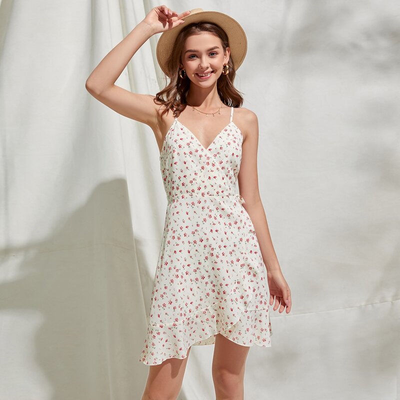 

Ditsy Floral Wrap Cami Dress, White