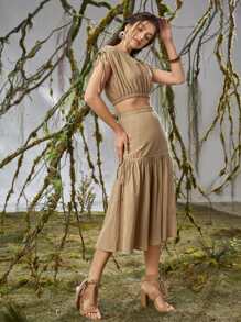 SHEIN Conjunto top corto de hombros con nudo con cordón con falda sin cinturón - Caqui - Ver 1