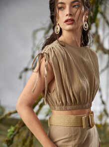 SHEIN Conjunto top corto de hombros con nudo con cordón con falda sin cinturón - Caqui - Ver 5