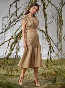 SHEIN Conjunto top corto de hombros con nudo con cordón con falda sin cinturón - Caqui - Ver 6