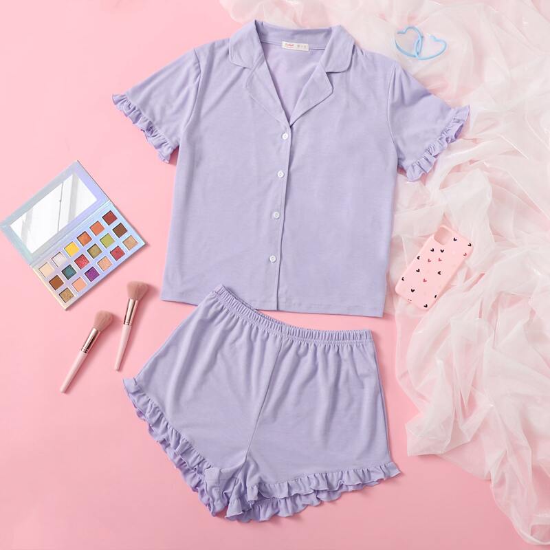 

Solid Frill Trim Shirt & Shorts PJ Set, Lilac purple