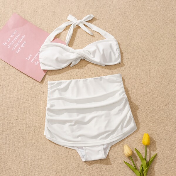 

Ruched Halter Bikini Swimsuit, White