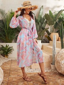 Allover Print Belted Kimono, For Summer Beach Vacation - Multicolor - View 5