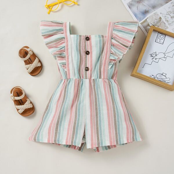 

Toddler Girls Half Button Stripe Ruffle Trim Romper, Multicolor