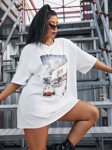 SHEIN Coolane 大碼落肩圖片圖案T恤 - 白色 - 查看 3