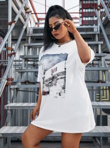 SHEIN Coolane 大碼落肩圖片圖案T恤 - 白色 - 查看 4