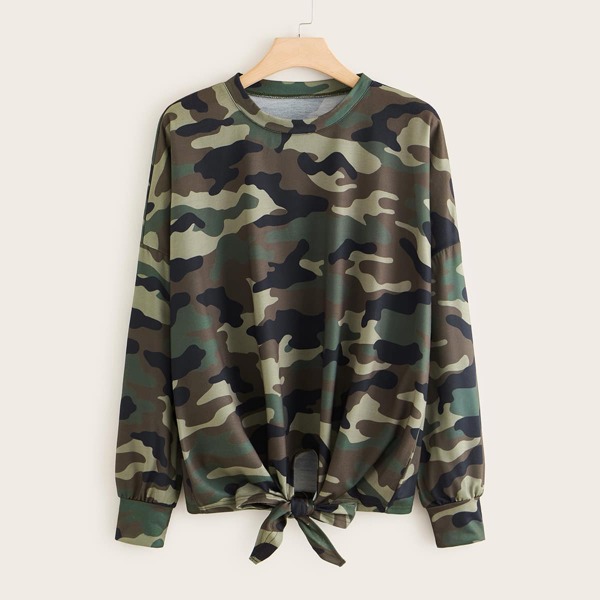 

Plus Camo Print Knot Hem Sweatshirt, Multicolor