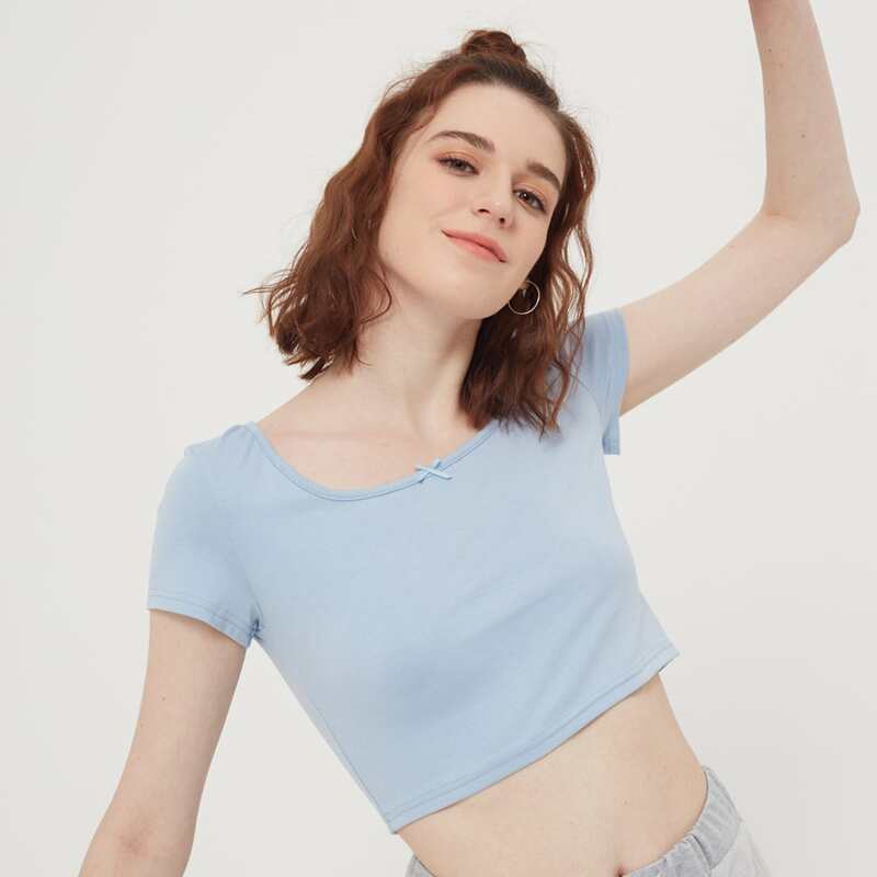 

Solid Bow Crop Tee, Baby blue