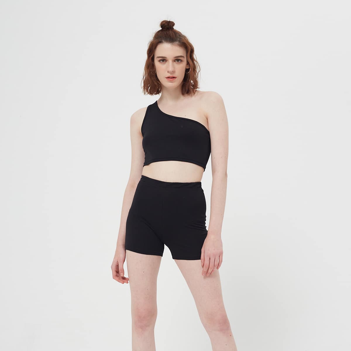 

One Shoulder Crop Top & Biker Shorts, Black
