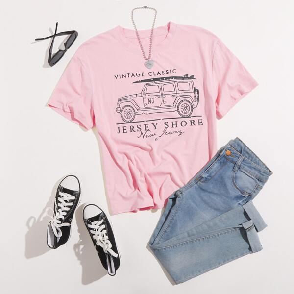 

Car And Letter Graphic Tee, Baby pink
