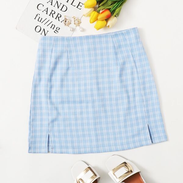

Split Hem Plaid Mini Skirt, Baby blue