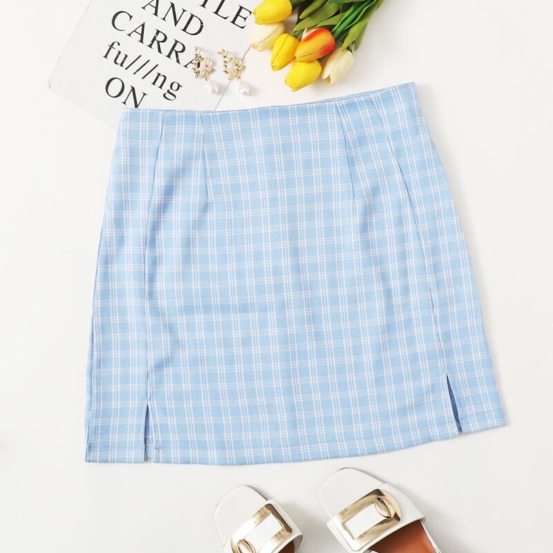 

Split Hem Plaid Mini Skirt, Baby blue