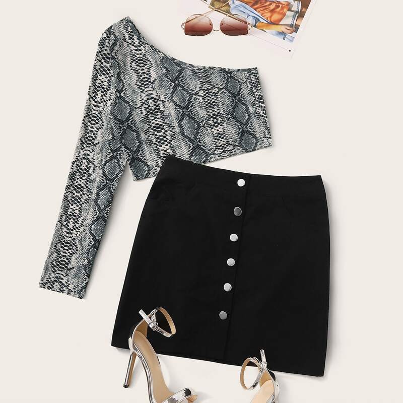 

Snakeskin Print Top & Button Front Skirt Set, Multicolor