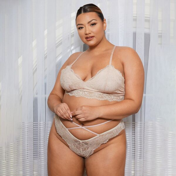 

Plus Floral Lace Lingerie Set, Khaki