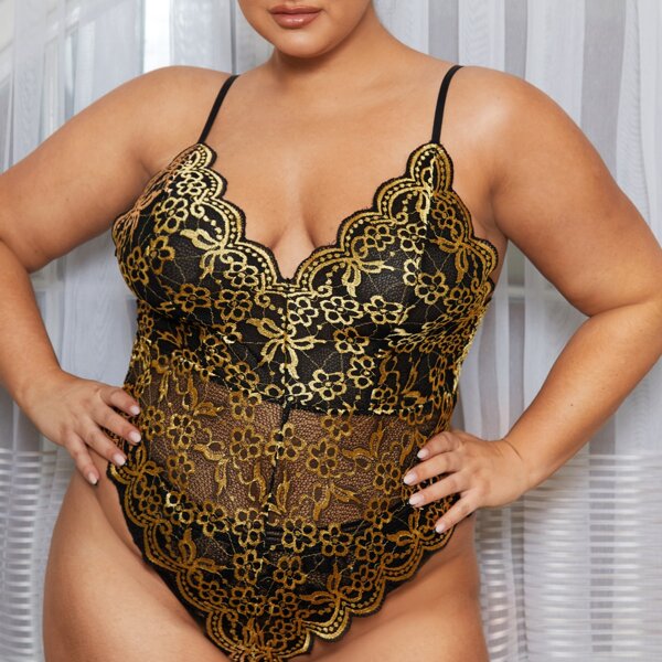 

Plus Floral Lace Scallop Trim Teddy Bodysuit, Gold