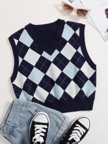 SHEIN Unity Argyle Pattern Sweater Vest - Multicolor - View 1