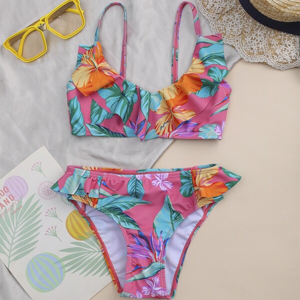 

Baby Girl Plant Print Ruffle Bikini Swimsuit, Multicolor