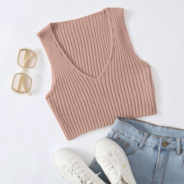 

Ribbed Knit Crop Sweater Vest, Pink