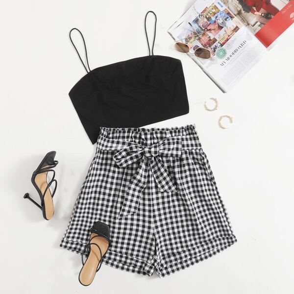 

Plus Cami Top & Tie Front Buffalo Plaid Shorts PJ Set, Black and white