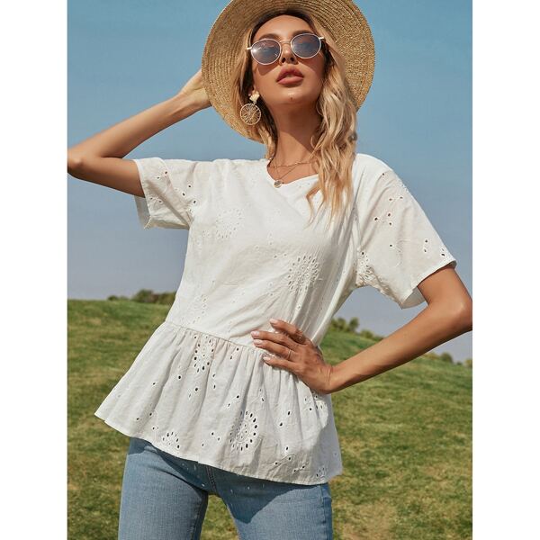 

Eyelet Embroidery Ruffle Hem Blouse, White
