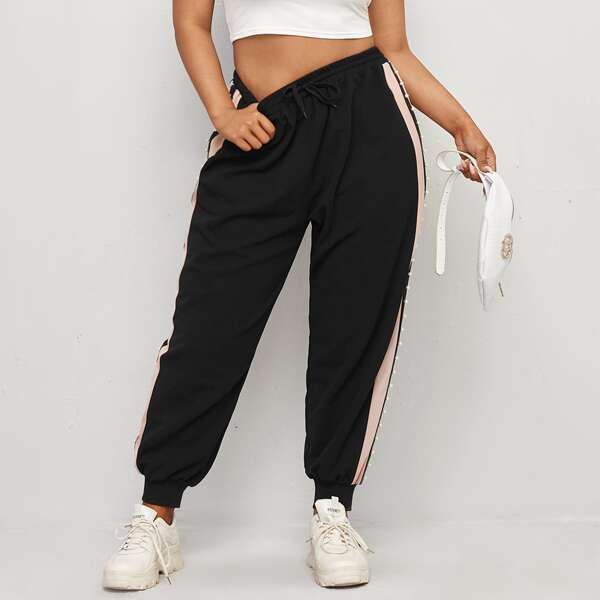 

Plus Contrast Panel Pearls Beaded Drawstring Waist Sweatpants, Black