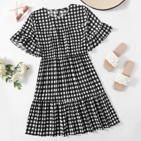 

Plus Gingham Flounce Sleeve Ruffle Hem Dress, Black and white