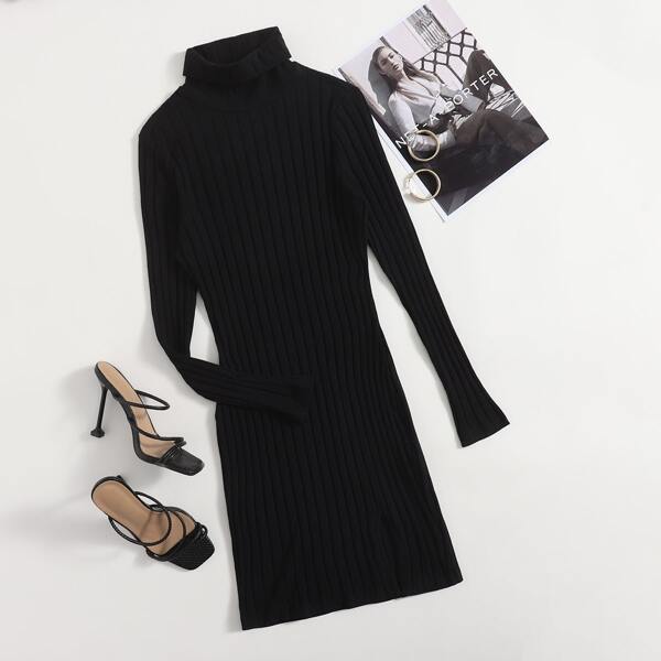 

High Neck Split Hem Solid Dress, Black