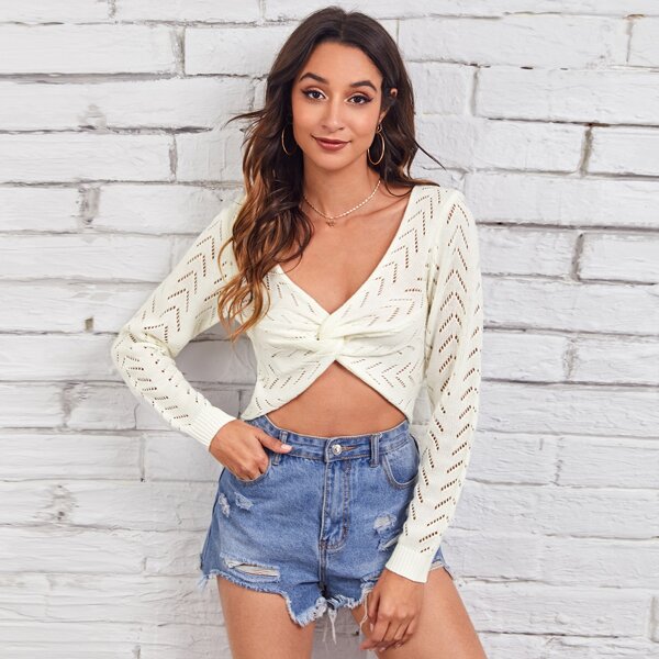 

Twist Front Solid Sweater, Beige