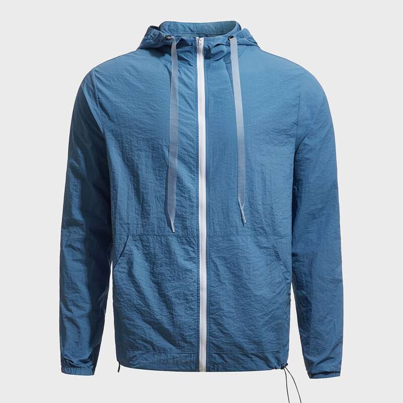 Guys Patch Pocket Zipper Placket Drawstring Hooded Jacket, Blue