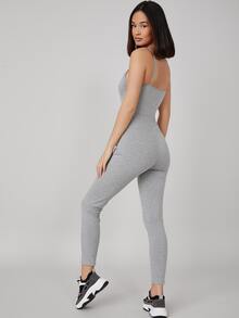 SHEIN BASICS 素色吊帶彈力緊身連身長褲 - 淺灰色 - 查看 2
