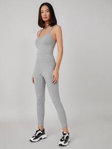 SHEIN BASICS 素色吊帶彈力緊身連身長褲 - 淺灰色 - 查看 3