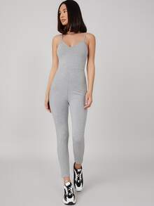 SHEIN BASICS 素色吊帶彈力緊身連身長褲 - 淺灰色 - 查看 5