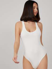 SHEIN BASICS Scoop Neck Racerback Form Fitted Bodysuit - White - View 1
