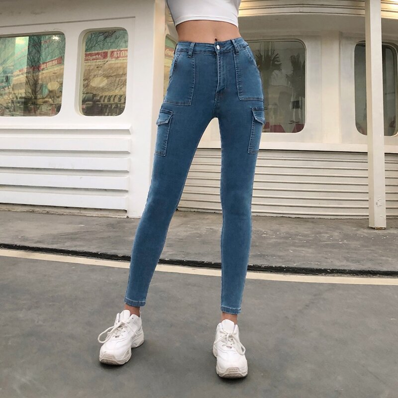 

High Waist Pockets Side Skinny Jeans, Medium wash