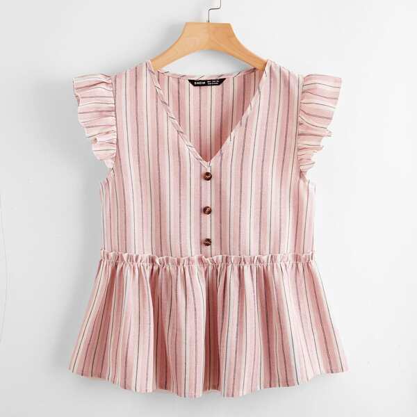 

Striped Print Butterfly Sleeve Peplum Blouse, Dusty pink