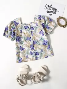 小女童花卉和植物圖案紐扣襯衫 - 彩色 - 查看 1