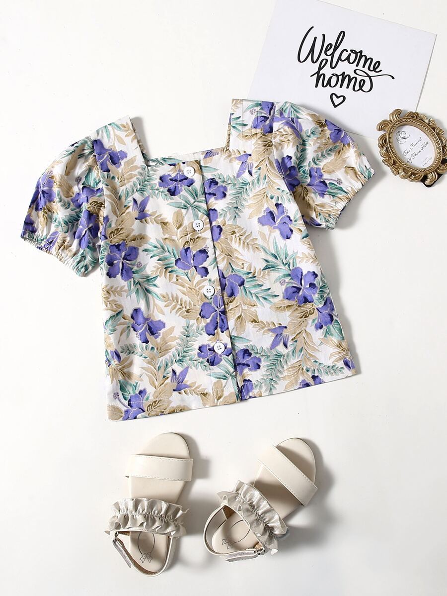 小女童花卉和植物圖案紐扣襯衫 - 彩色 - 查看 1