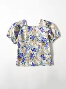 小女童花卉和植物圖案紐扣襯衫 - 彩色 - 查看 2